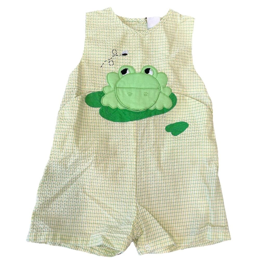 Boys Sz 12m‎ Green Plaid Frog Seersucker Overalls Romper Pockets Embroidered ZU